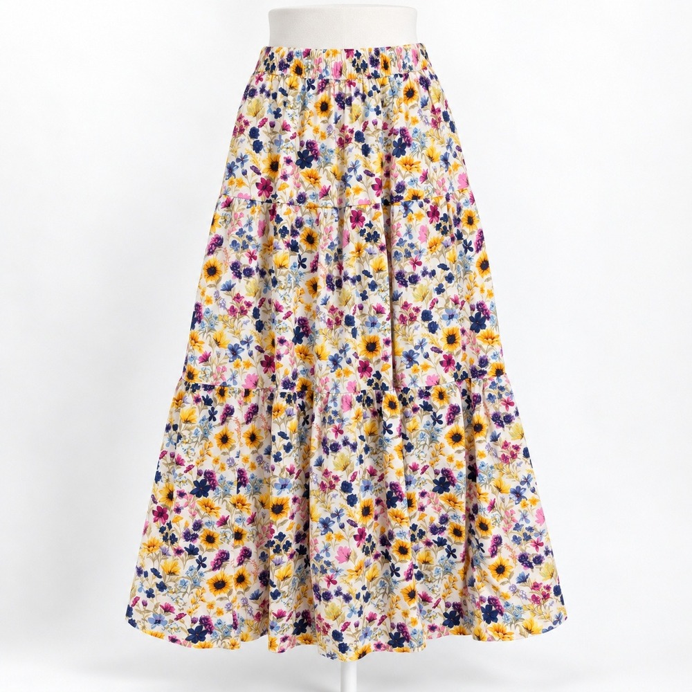 Floral Tiered Pocket Maxi Skirt Size XS Elastic Waist Cottagecore Fairy Garden